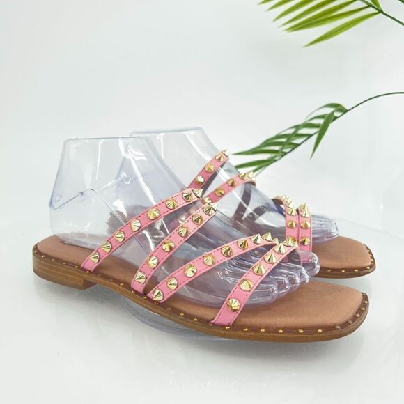 Steve Madden Selina Spiked Sandals Women's 8 Pink Gold Strappy Slip On Slides - Picture 2 of 12